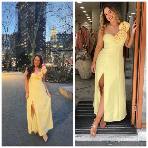 The Wolf Gang Dresses & Skirts - The Wolf Gang Flores Rose Floral Applique‎ Yellow One Shoulder Dress XS